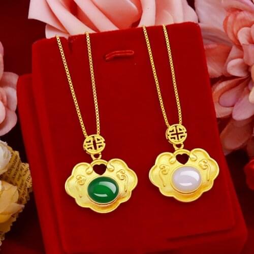KOREAN FASHION GEM AGATE GOLD PENDANT NECKLACE FOR WOMENS ANIVERSARY JEWELRY 14K GOLD LUCKY LOCK GEMSTONE CHAIN NECKLACE CHOKER