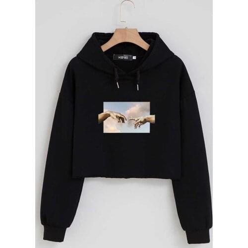 Short Hoodie with Long Sleeves Crop Top Hoodie Gesture Print Harajuku Korean Clothes Cotton Sweatshirt Women 2021 Tracksuit