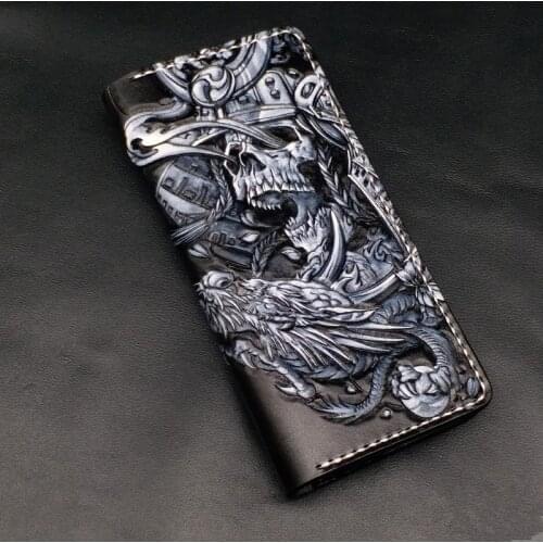 2020 Handmade Wallets Carving Skeleton Dragon Warrior Purses Men Long Clutch Vegetable Tanned Leather Wallet Card Holder