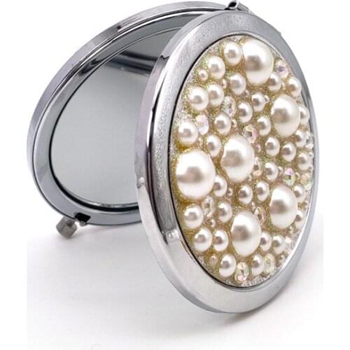 Round Flip Mirror Creative Metal Sticker Pearl Portable Makeup Mirror Girl Portable Pocket Mirror Makeup Mirror