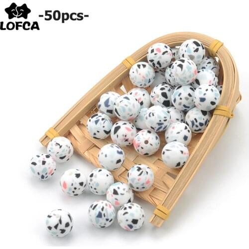 LOFCA 50pcs Terrazzo Silicone Loose Beads Teething Beads DIY Chewable Colorful Teething For Infant Baby Safe Teether Round
