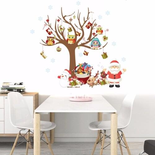 Newest 2018 Christmas Owls Tree Shop Window Wall Art Stickers Sticker Vinyl Home Decoration