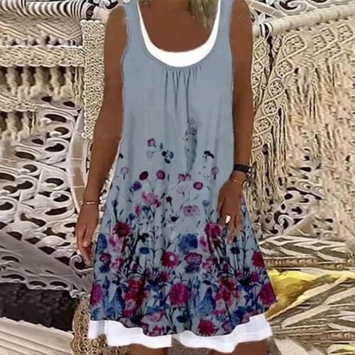 New Summer Dress Fashion Women Casual Plus Size O-Neck Floral Print Sleeveless Vest Linen Dress robe femme платье летнее 2021