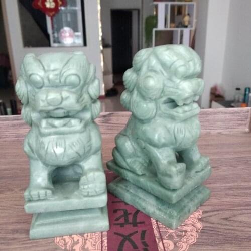 A Pair Excellent Green Jade Lucky Lion Statuary Magical Amulet Hand Carven Design Decorations