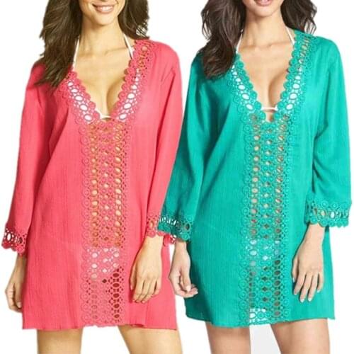 Beachwear Bikini Cover Up Hollowed Out Mini Dress Blouse Summer Women Loose Crochet T-Shirt Sexy Lace Mid-Length Shirt V-Neck
