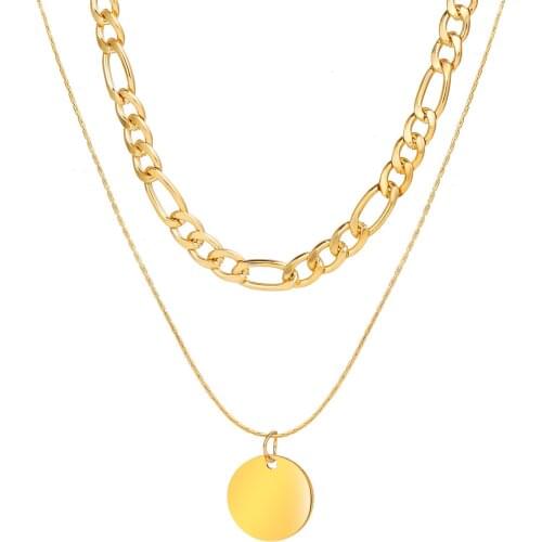 Simple Personality Round Sequins Double Layer Chain Necklace Women Fashion Gold Color Punk Creative Pendant Necklaces Jewelry