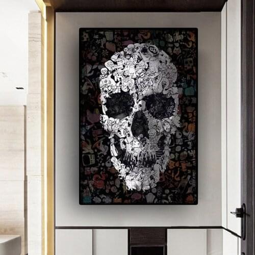 Doodle Skull Paintings Black and White Canvas Painting Wall Art Halloween Posters and Prints for Living Room Decor Bedroom