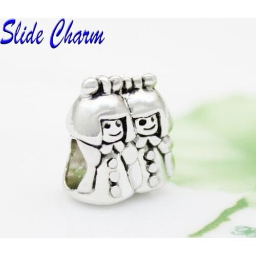 Slide charm wholesale Free shipping Twin sisters charm beads fit Pandora bracelet