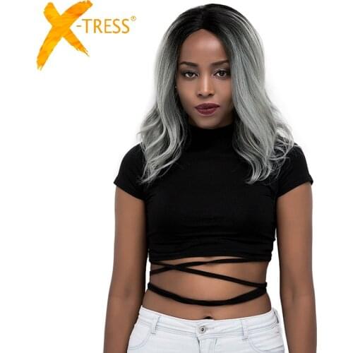 X-TRESS Ombre Gray Color Synthetic Lace Wigs Natural Wave Short Bob Shoulder Length Side Part Heat Resistant Wig For Black Women