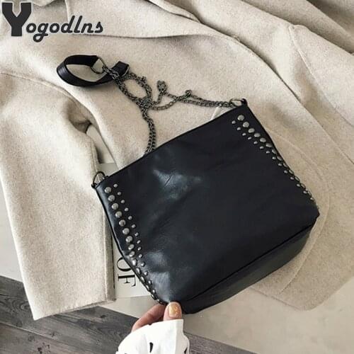 PU Leather Bag For Women Handbags Tote Large Capacity Female Vintage Rivet Design Crossbody Shoulder Bag Fashion Chain Messenger