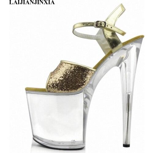 LAIJIANJINXIA New gold/silver glitter high heels 8 inch white flowers wedding shoes clear platform Crystal shoes party Shoes