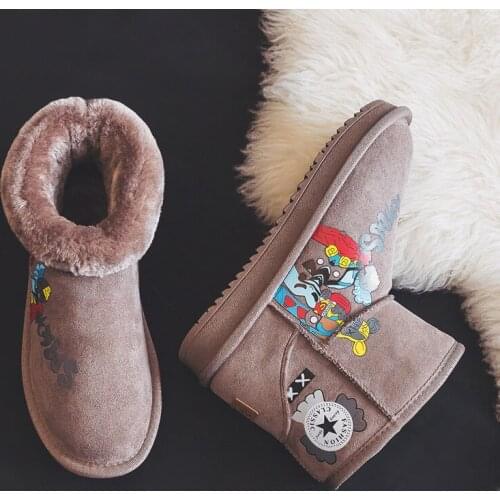 Snow boots women winter 2020 new cartoon printed short tube Plush warm boots lazy flat bottom boots