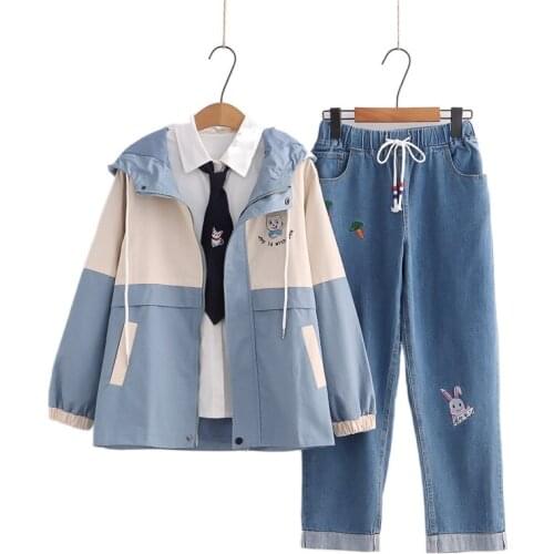 Womens Casual Sets Pants Sets 3 Piece Set Clothing Zipper Hooded Jackets with Denim Pants Tie Shirts 2021 Autumn Tracksuit