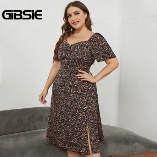 GIBSIE Sweetheart Neck Ditsy Floral Puff Sleeve Dress Plus Size 4xl 5xl Women Casual Summer High Waist A-line Split Midi Dresses