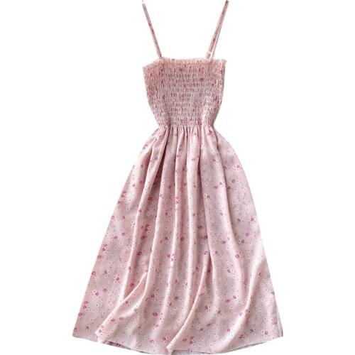 2021 New Summer Women Beach Vacation Sexy Strap Dress Korean Fashion Sweet Floral Elastic Slim Chiffon Dress