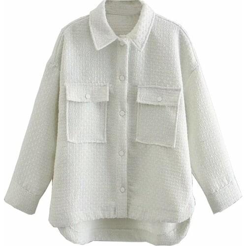 2021 Fashion Women Spring Jacket Coat Pocket Design Women Loose Style Turn Down Collar White Jacket Coat Chaqueta Mujer