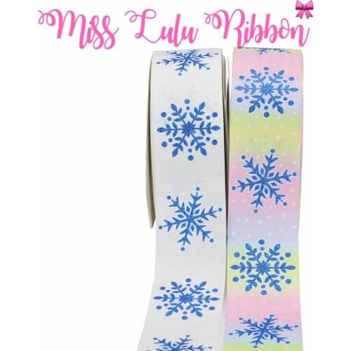 3"75mm Blue Glitter Snowflake White Dot Ink Printing Rainbow Gradient Color Printed Grosgrain Ribbon DIY Christmas Party 50y