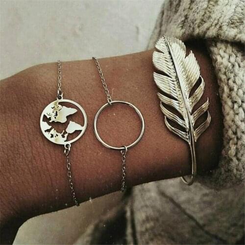 3 Pcs/Set Fashion Bracelet Gold Hollow Round Map Banana Leaves Bangles For Women Jewellery Beach Party Friends Gift