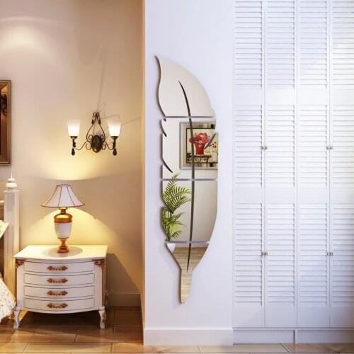 6pcs of Set 20*75cm Feather Mirror Wall Stickers Home Decor Acrylic Mural Mirror Surface Wall Sticker Decoration New House