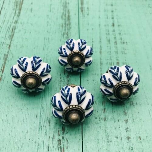 8x Hand-painted Blue Leaf Furniture Handles Door Knob Antique Ceramic Drawer Wardrobe Kitchen Cabinets Dresser Shoebox Pull Knob
