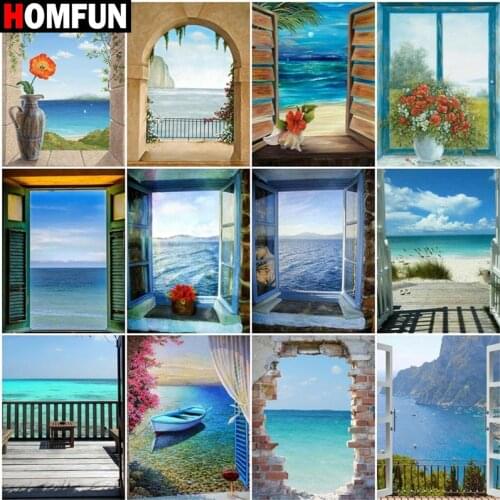 HOMFUN Diamond Painting Cross Stitch "Window sea landscape" Full Square Round Diy 5d Diamond Embroidery Picture Rhinestone Art