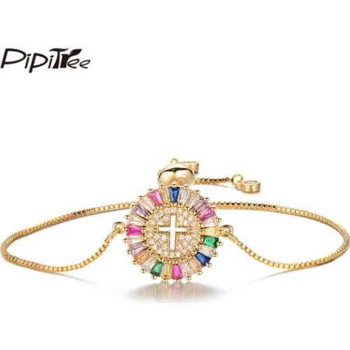 Pipitree Shiny Princess Cut Cubic Zirconia Round Circle Charm Cross Bracelet Women Girls Religious Chain Bracelets Jewellery