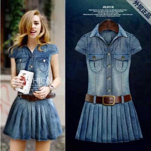 Short sleeve denim dress 2021 summer new fashion retro size fat MM slim slim pleated skirt