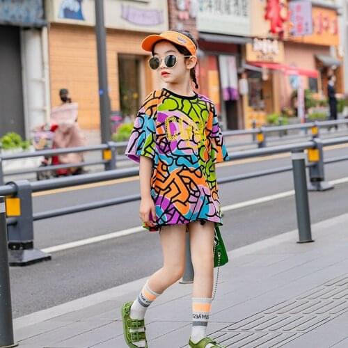 American And European Style Summer Fashion Girls Shirts Short Sleeve Printing Graffiti Cool Tees For Big Girl 8 To 14 Years Old