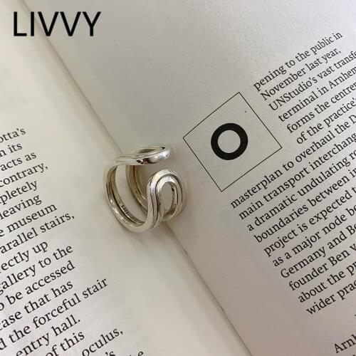 LIVVY Silver Color Simple Design Double Lines Hollow Rings for Women New Fashion Simple Handmade Party Jewelry Gifts