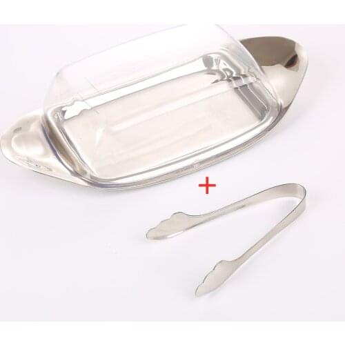 Realand Stainless Steel Butter Dish Box Container with TONG Cheese Server Storage Keeper Tray with See-through Acrylic Easy Lid