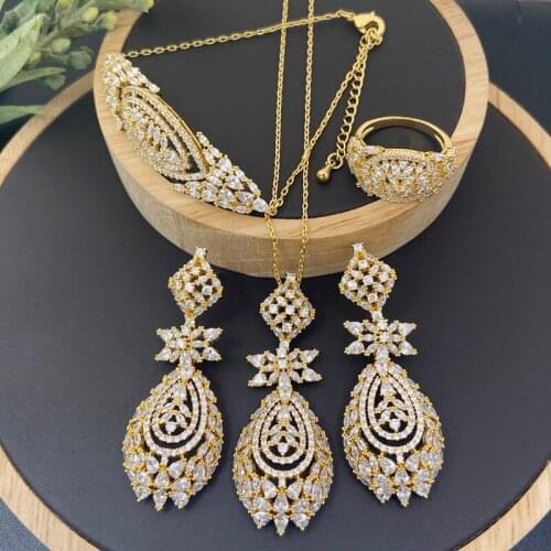 Lanyika Fashion Jewelry Set Romantic zirconia Micro Pave Necklace with Earrings, Bracelet and Ring for Woman Wedding Gifts