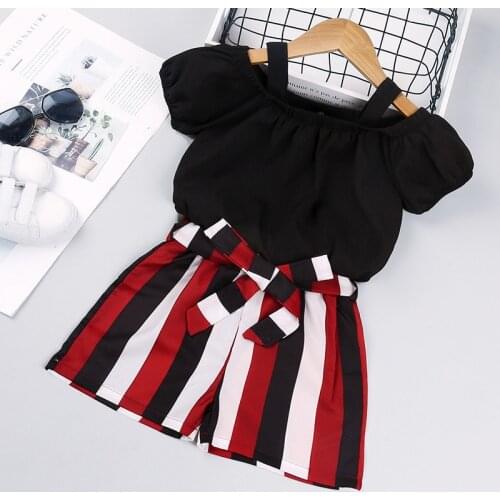 Summer New Girls' Suit Childrens Sling Short-Sleeved Shirt Cotton Striped Shorts Two-Piece Suits WT607