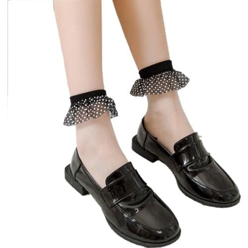Lolita Thin Crystal Glass Fiber Ankle Socks Sweet Polka Dot Ruffle Lace Hosiery