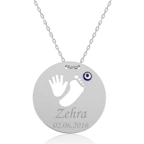 Hand & Footprint Customized with a name Mom ,Necklace ,Silver ,Fast Shipping, of Hundreds of Kinds Silver Necklaces