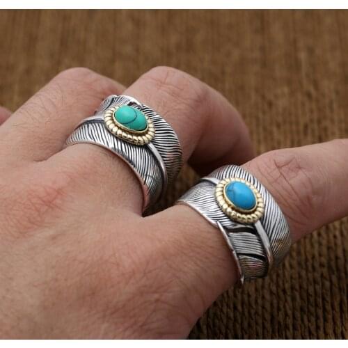 Turquoise Feather Men Rings 925 Sterling Silver Wide Anti-Allergic Rings S925 Men Resizable Turquoise Rings Cocktail Party Rings
