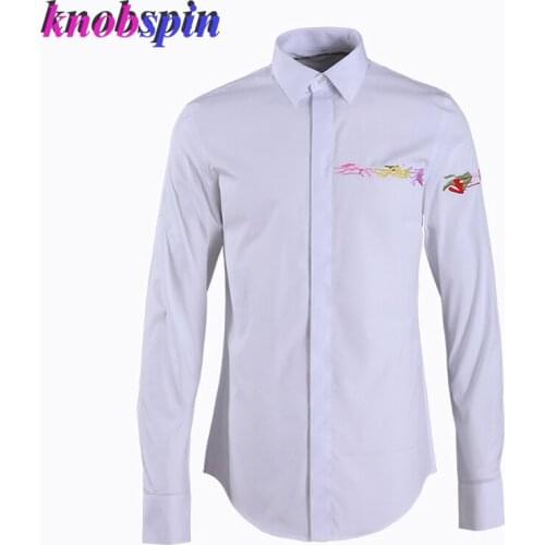 Colorful Ink Embroidery mens shirt long sleeved Brand men clothing Solid Slim Business male dress Shirts Plus size 2XL 3XL 4XL