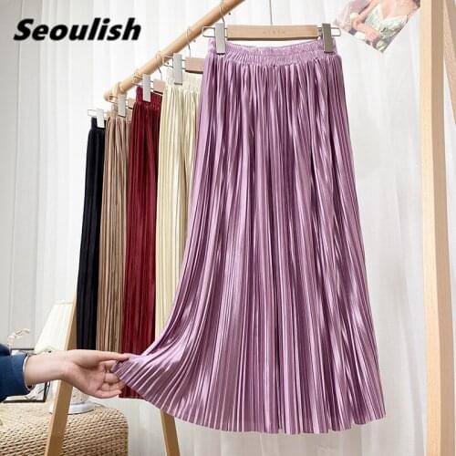 Seoulish 2021 New Stain Pleated Womens Long Skirts Spring Summer Multi Colors High Waist Harajuku Umbrella Maxi Skirts Female