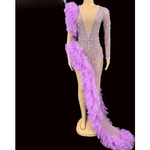 Rhinestone Purple Mesh Transparent Long Dress Birthday Celebrate One Sleeve Outfit Evening Women Dancer Party Dress