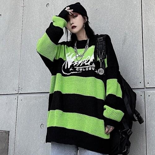 Streetwear winter tops harajuku loose couple O-Neck pullover vintage punk hip hop oversized knit Womens sweater Korean clothing