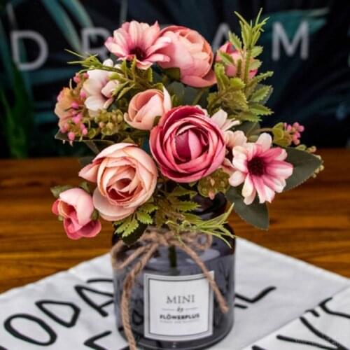 Vintage Silk Flower European 1 Bouquet Artificial Flowers Fall Vivid Peony Fake Leaf Wedding Home Party Decoration 12 Heads