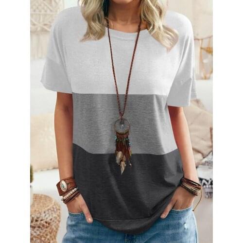 Womens Summer Tshirt Fashion Color Matching Elegant Round Neck Loose Pullover Short Sleeved Casual Ladies Plus Size Tops