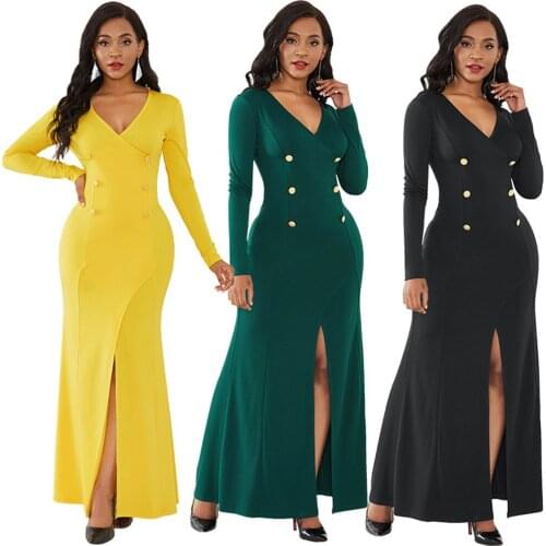 Woman Dress 2021 Spring Sexy Deep V Neck High Split Banquet Long Party Dress Women Casual Long Sleeve Slim Bodycon Maxi Dresses