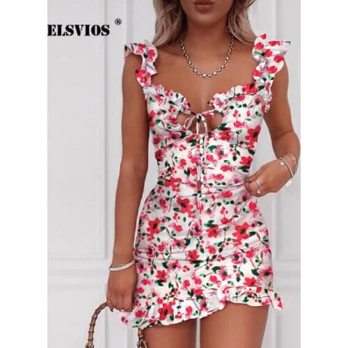Womens Summer dress 2020 Sexy Floral Print Ruffle Lace Up Party Dress Elegant V neck Sleeveless Spaghetti Strap dress Vestidos
