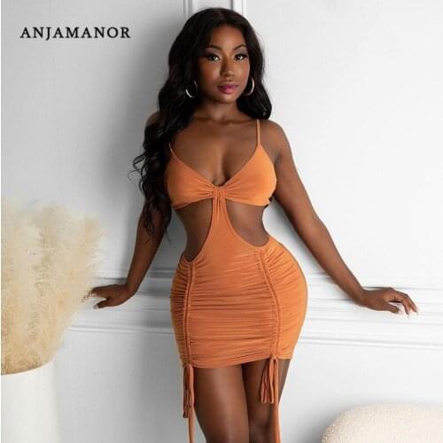 ANJAMANOR Sexy Clubwear Women Dress Summer 2021 Solid Drawstring Pleated Hollow Out Backless Bodycon Mini Dresses D15-BI15