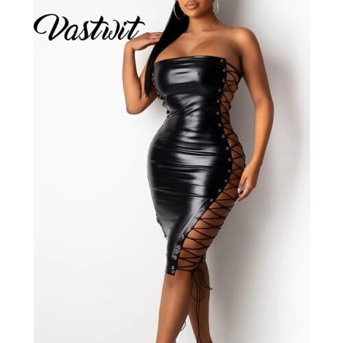 Womens Faux Leather Dress Criss Cross Lace Up Bodycon Mini Skirt Outfits