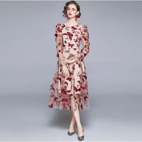 Summer Runway Butterfly Floral Embroidered Dress Fashion Mesh Puff Sleeve O Neck Perspective Princess Elegant Long Dresses k6719