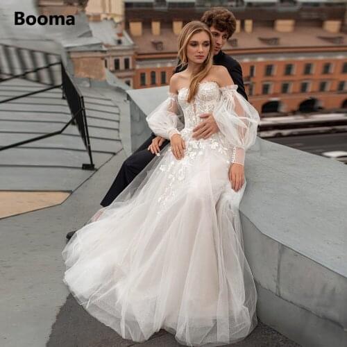 Booma Off Shoulder Princess Wedding Dresses Sweetheart Puff Sleeves Appliques Beach Bride Dresses A-Line Tulle Wedding Gowns