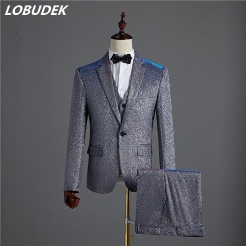 Gold Purple Blue Gray Bright Wire Blazers Formal Mens Suits (Jacket+Vest+Pants) Fashion Wedding Groom 3-Pieces Set Prom Suit
