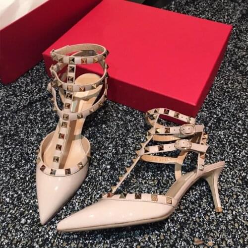 2020 pointed-toe pumps T-strap rivet high heels Baotou pumps buckle fashionable all-match womens shoes