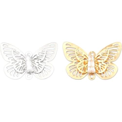 5 PCs Copper 3D Hollow Insect Butterfly Connectors Butterfly Animal Filigree Stamping Connector Clear Rhinestone 24x15mm Finding